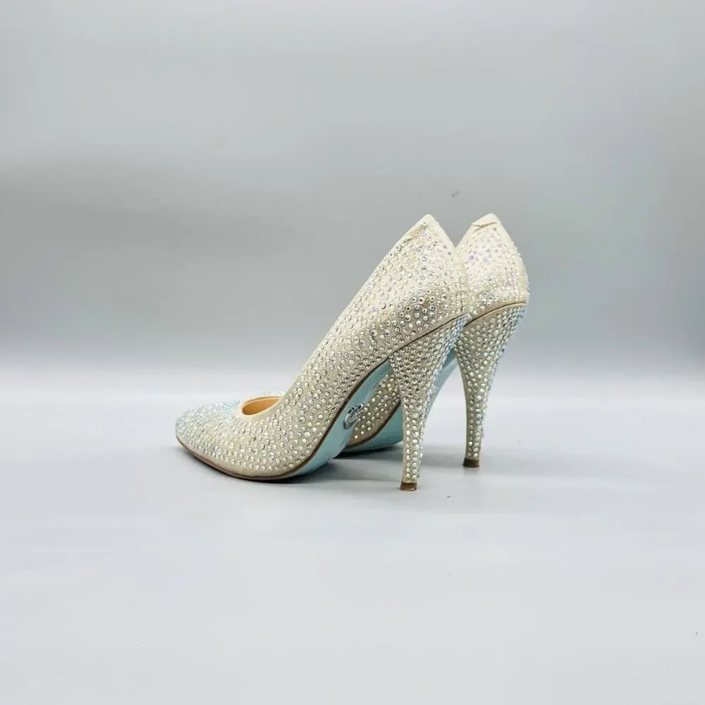 Betsey Johnson Shoes Womens 7.5 White Shine Rhinestone Pumps Stiletto Wedding